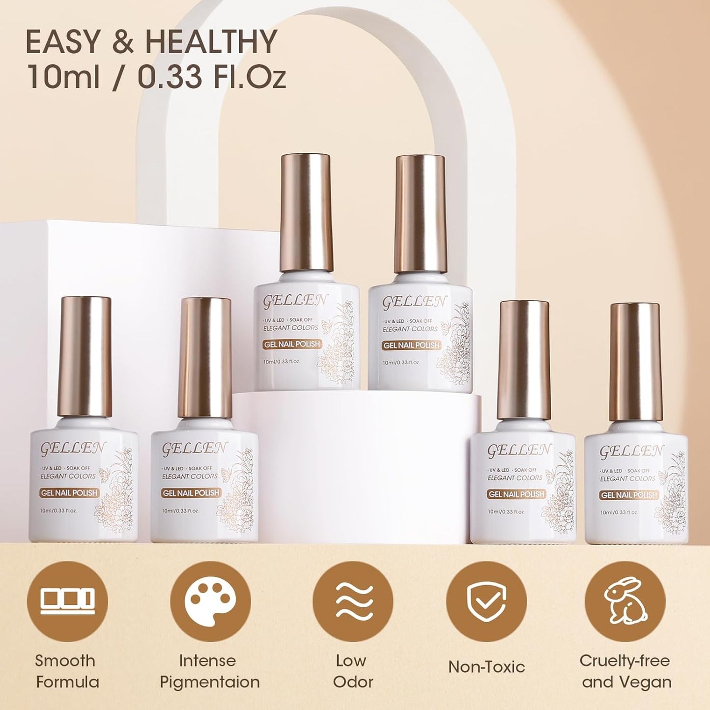 Gellen Chocolate Brown Gel Nail Polish Set, 6 Colors Coffee Brown, Milky White, Beige - 10ml UV Gel Polish Kit, No Wipe Soak Off Glossy Finish