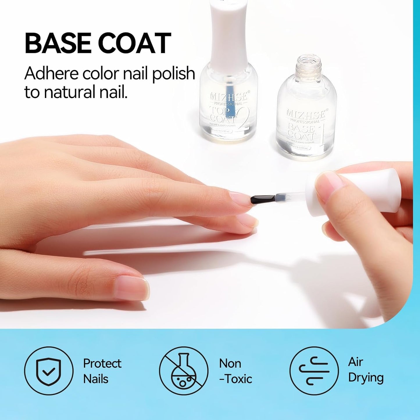 MIZHSE Base and Top Coat Nail Polish Quick Dry, 15 ml 0.5 fl oz Basic Nail Polish Non Gel Air Dry Fast, Protective High-Glossy Shiny Clear Long Lasting Nail Art Manicure at Home