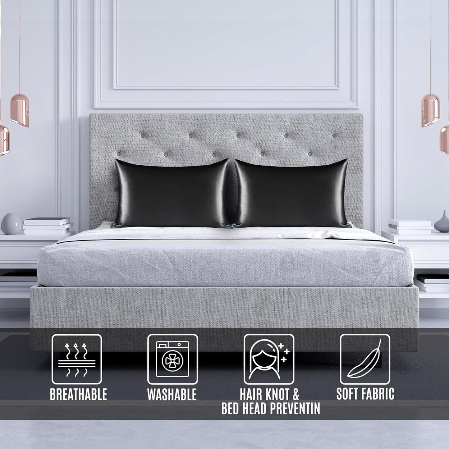 Satin Silk Pillowcase for Hair and Skin, Black Pillow Cases Standard Size Set of 4 Pack Super Soft Pillow Case with Zipper Closure (Black, Standard(4 Pack))