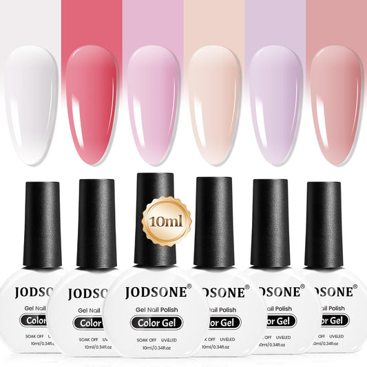 JODSONE 10ml Jelly Gel Nail Polish Set 6 Pale Colours White Pale Red Soft Pink Natural Nude Pale Purple Fresh Pink Purple All Seasons Neutral Soak off LED Lamp Gel Manicure Set for Nail Art