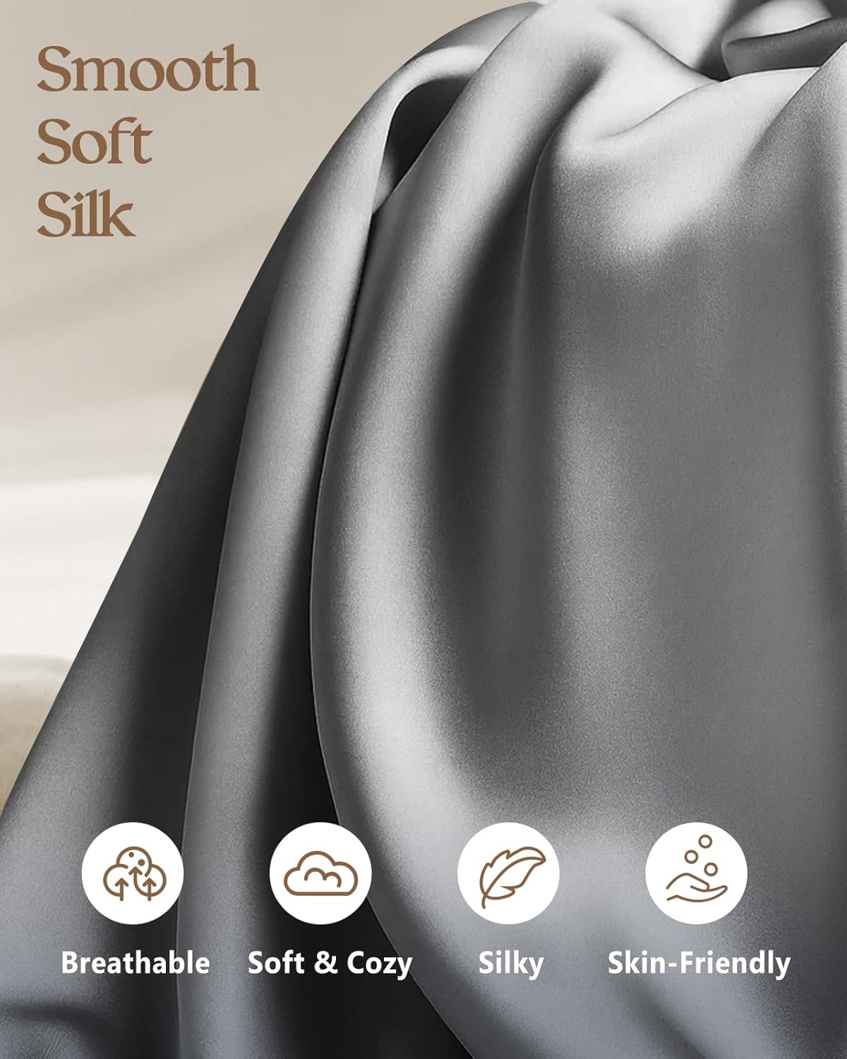 Silk Pillowcase 2 Pack - Pillow Cases Queen Set of 2 Size 20" x 30" for Hair and Skin Smooth Soft Breathable with Hidden Zipper Cooling Pillow Covers for Women, Light Grey