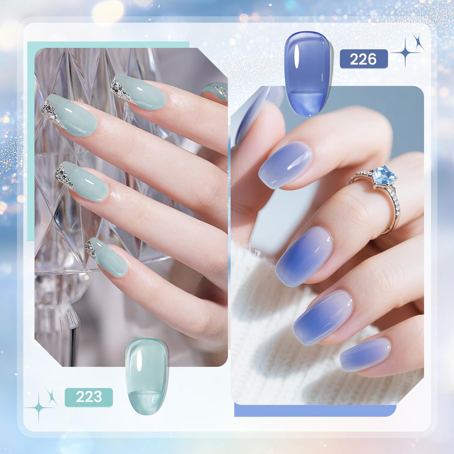 JODSONE 10ml 6 Colors Jelly Gel Nail Polish Set Ocean Blue Turquoise Gel Polish with Crystal Long Lasting All Seasons Need U V Lamp