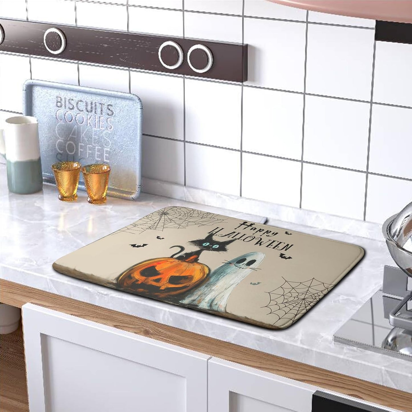 Happy Halloween Dish Drying Mat for Dishs 16x18 Inch Halloween Pumpkin Ghost Black Cat Kitchen Drying Mat Spooky Spiderweb Holiday Dish Drainer Mat Super Absorbent Dish Rack Pad for Coffee Bar Sinks