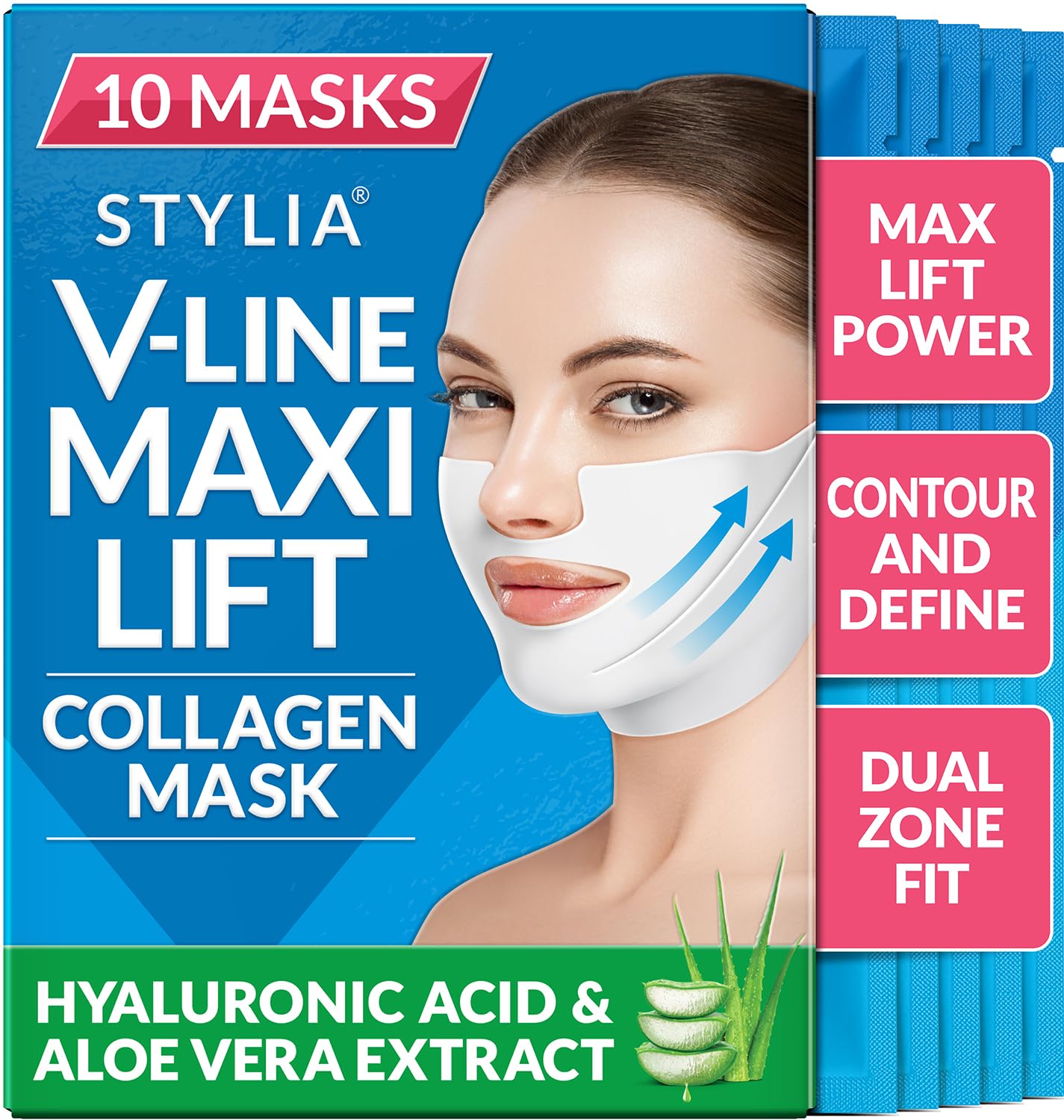 Stylia MaxiLift V-Line Lifting Collagen Face Mask - Advanced Double Chin Reducer - Jawline Shaper - Neck Firming and Tightening Mask with Hyaluronic Acid & Aloe Vera - Chin Strap for Sleeping (10PC)