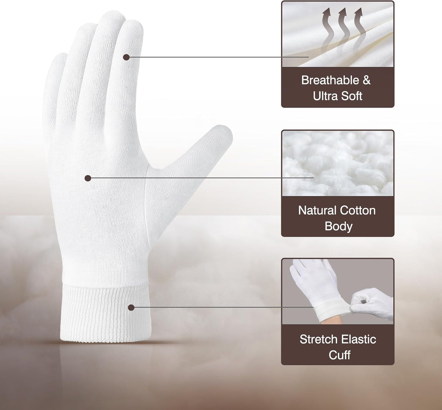 COOLJOB 4 Pairs Soft Moisturizing Cotton Gloves Set with Stretch Elastic Cuff, Overnight Lotion Sleeping Gloves for Dry Hands, Eczema Skin, Beauty Women SPA Essentials, Large, White