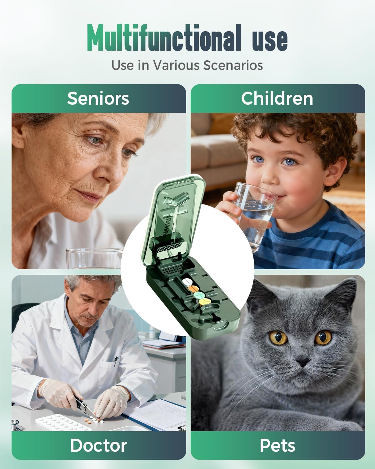 Pill Cutter Splitter for Small and Large Pills, 2026 Upgraded Portable Pill Cutter 1/4, 1/2 and 1/3 for Multiple Splitter Pills, Professional Pillss Cutting and Crusher with Storage Device (Green)