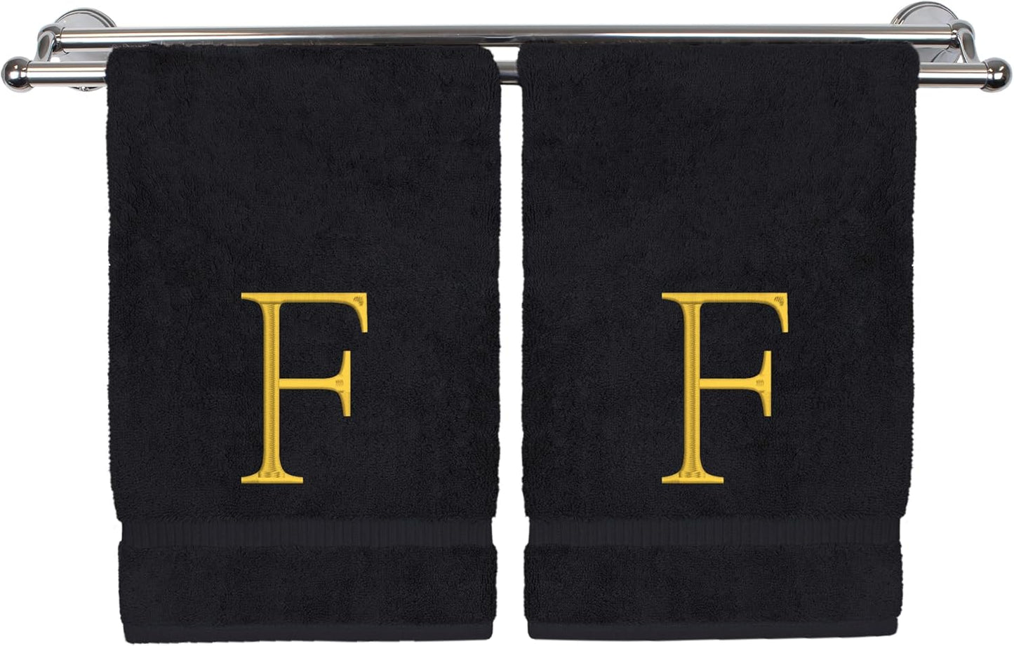Monogrammed Hand Towel, Personalized Initial Gift, Extra Absorbent 100% Turkish Cotton - Soft Terry Finish - Set of 2 - Gold Block Initial F - Embroidered on Black Towels