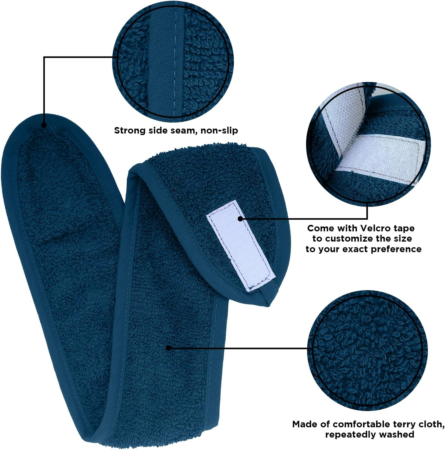 Dan River Facial Spa Headband, Pack of 3, Makeup Shower Bath Wrap Sport Headband Velcro Adjustable Ultra Soft Terry Cloth Stretch Towels for Face Washing, Shower, Yoga and Makeup