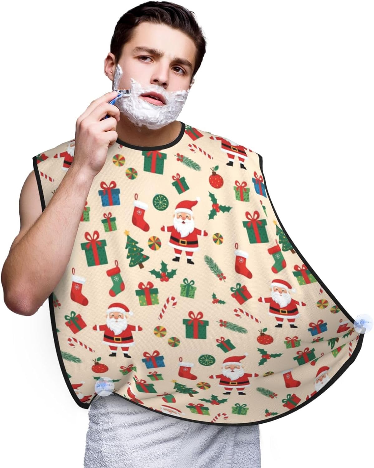 Beard Grooming Cape, Waterproof Hair Catcher for Shaving Trimming, Non-Stick Bib Apron Gifts for Dad Men, Cute Cartoon Santa Claus Christmas Shave Bib