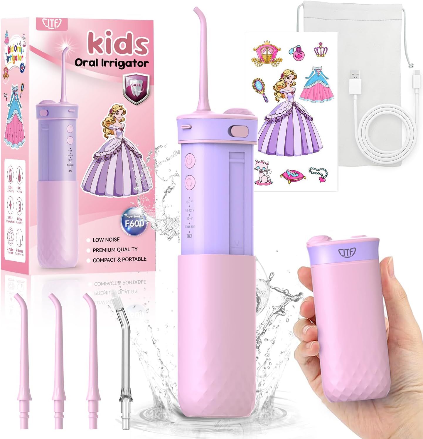 JTF Kids Water Dental Flosser: Rechargeable Portable Oral Irrigator with 4 Flossing Modes 230ml Tank 4 Tips Travel Bag Waterproof Stickers, Cordless Electric Flossers for Teeth Gum Braces Care, Age 6+