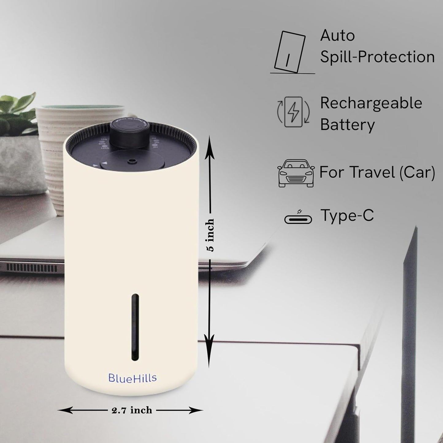 BlueHills Waterless Essential Oil Diffuser USB Travel Cordless Aroma Large Room Portable Battery-Operated Rechargeable Car Home Hotel Long Runtime Compact Premium Wireless Mini Diffuser – J05 Beige