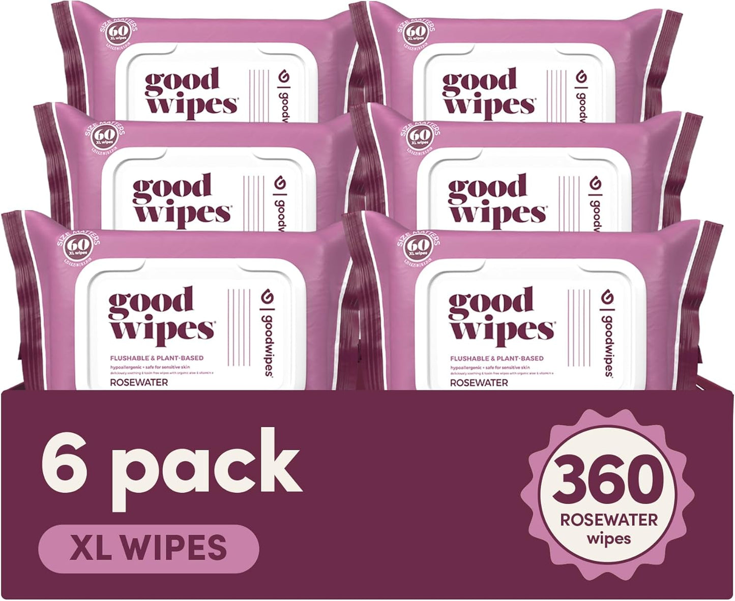 Goodwipes Flushable Butt Wipes Made with Vitamin E & Aloe - Soft & Gentle Wet Wipe Dispenser for Home Use, Septic & Sewer Safe - Largest Adult Toilet Towelettes - Rosewater, 360 Count (6 Packs)