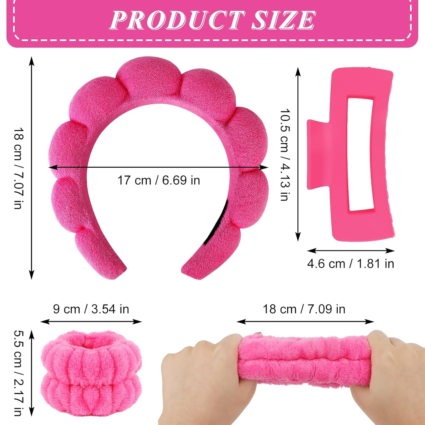 Wecoe Pink Rose Red Spa Headband And Wristband Set Skincare Headband For Washing Face Hair Claw Clips For Thick Hair Cute Puffy Sponge Bubble Makeup Head Band Wrist Towels Scrunchies For Women Girls