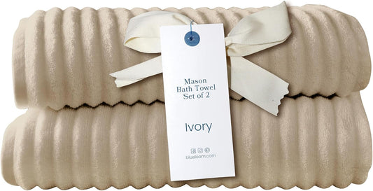 Blue Loom Ribbed Bath Towels Set, 100% Cotton 600 GSM, Soft Absorbent Durable Quick Drying 2 Bath Towels for Bathroom - Mason Set of 2 Ivory Beige (58" x 30" Inch)