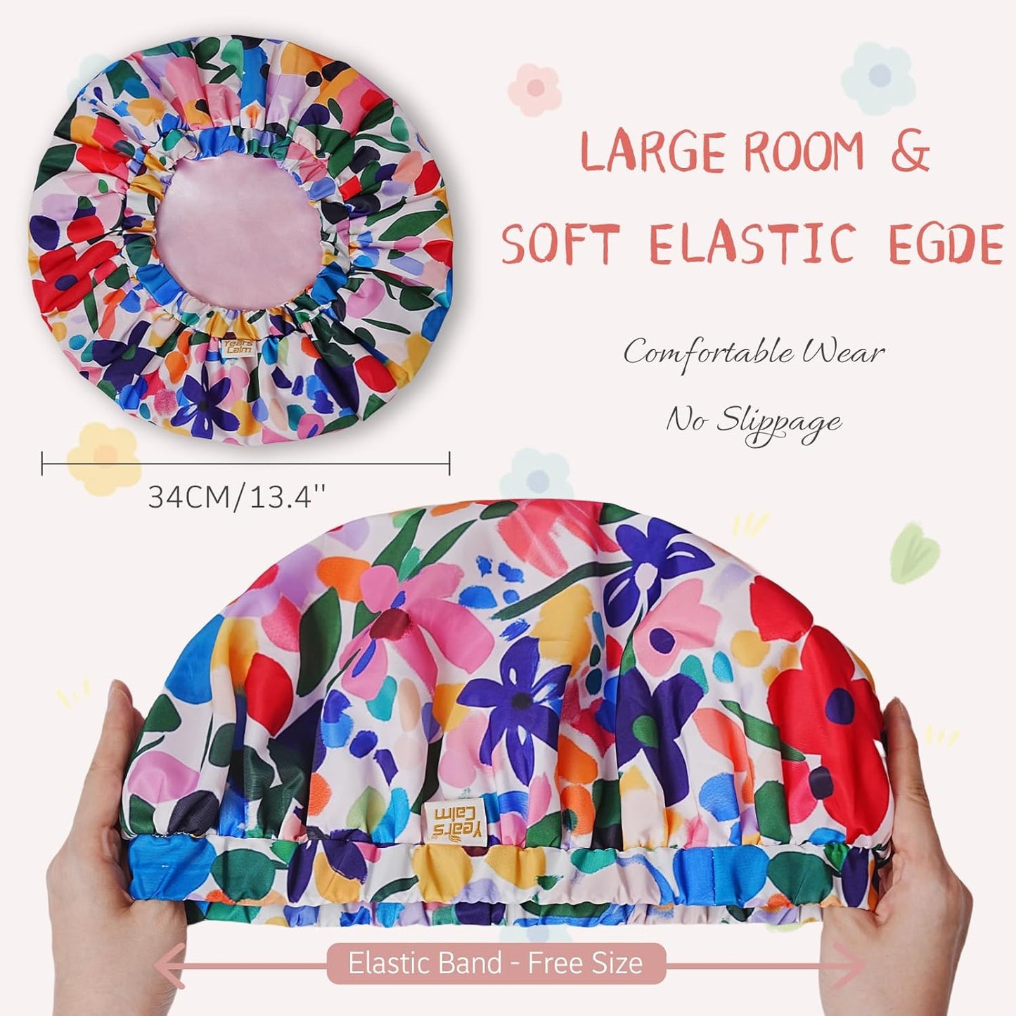 Years Calm Shower Caps for Women Reusable Waterproof, Double-Layer Extra Large Elastic Hair Cap for Shower for Long Hair & Braids, Travel & Home (Blue)