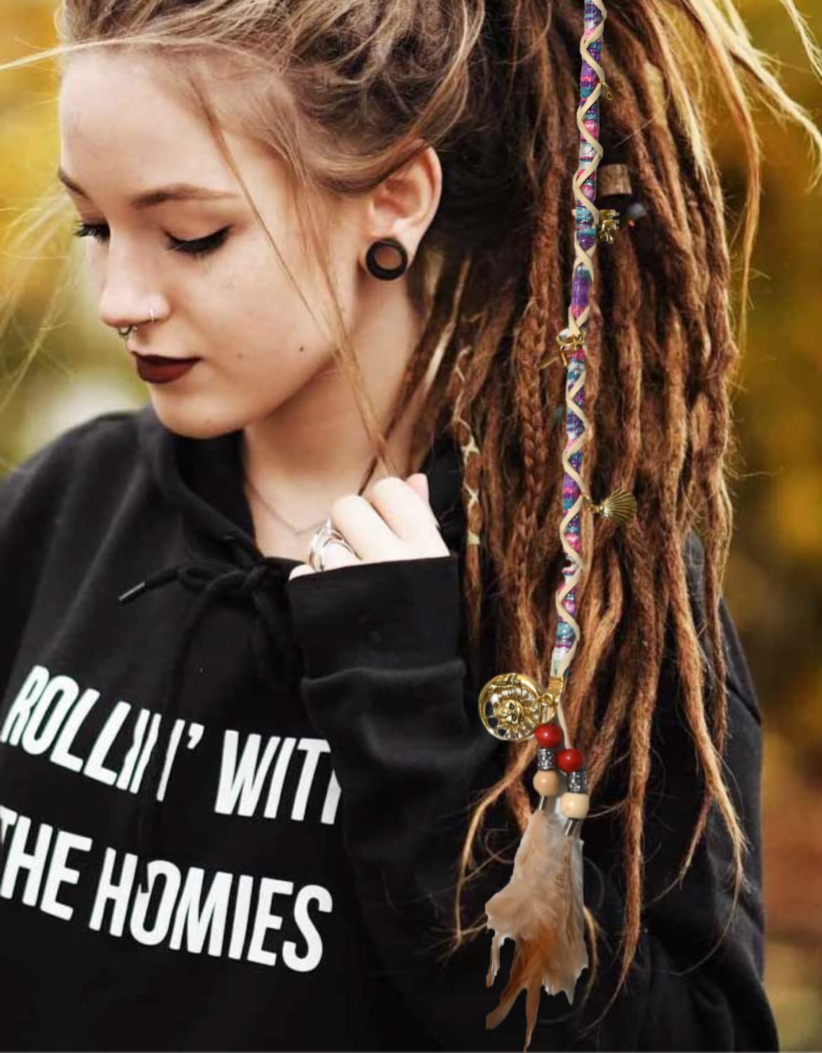 2 PCS Hippie Hair Extension Dreadlocks Hairclip Feather Beads Pendant Dread Wrap Hair Fall Hair Wrap Colorful Accessories for Dreads Braids Curls