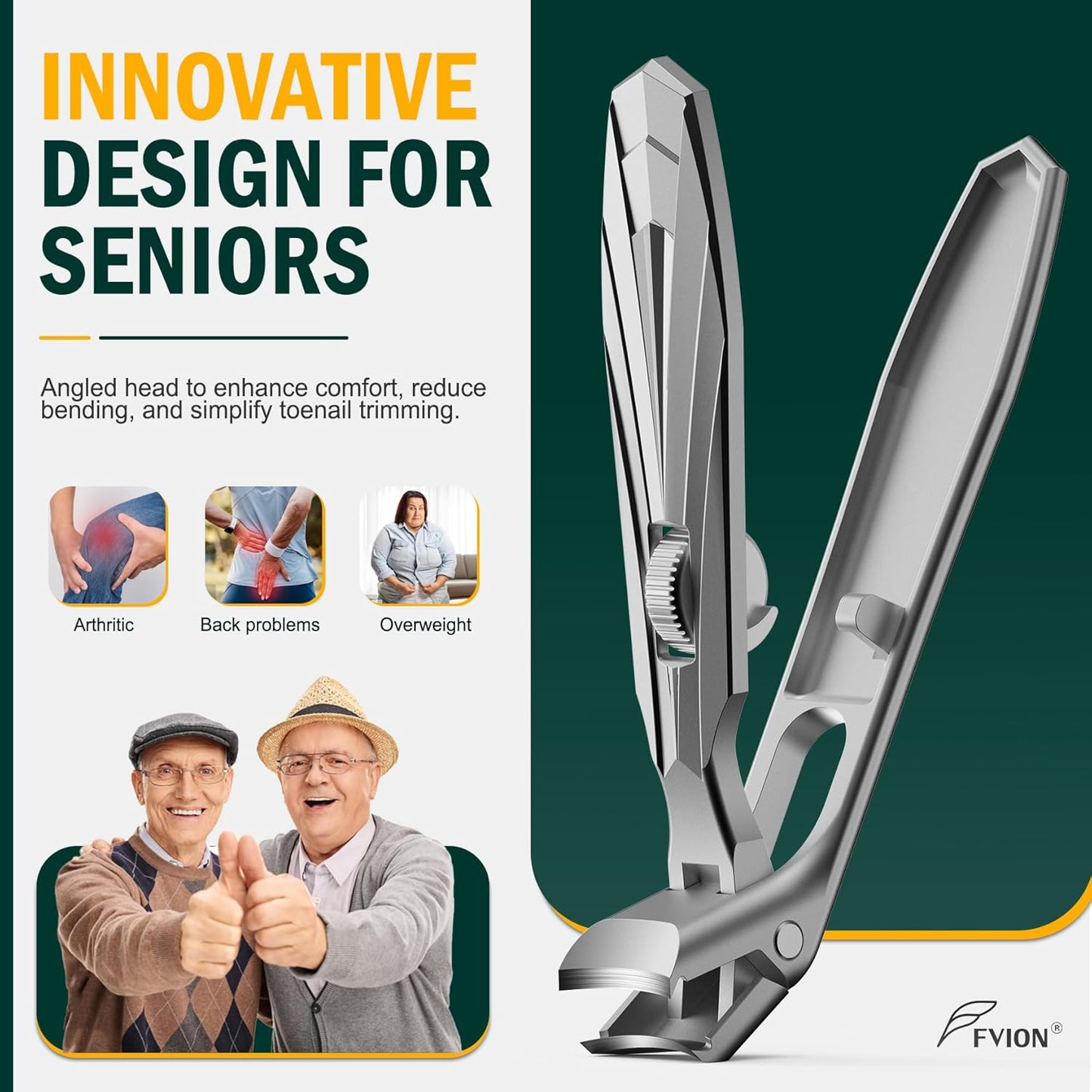 FVION Angled Head Toe Nail Clippers for Thick Nails - Ergonomic Long Handle Toenail Clippers for Seniors with Safety Lock, Stainless Steel Finger Nail Clippers with Catcher for Men and Women (Silver)