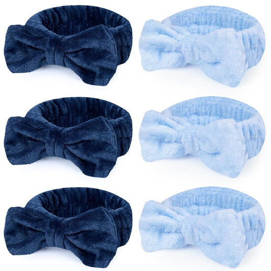 Shindel Spa Bow Headband - 6 Pack Cute Fuzzy Skin Care Headbands for Teen Girls' Face Washing & Shower - Blue