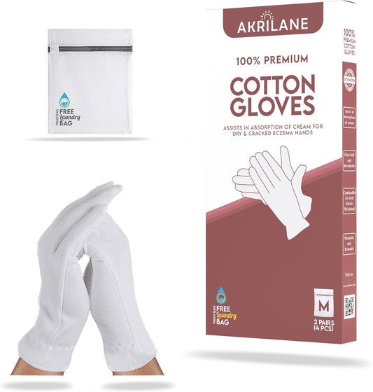 AKRILANE Medium 2 Pairs Cotton Moisturizing Gloves for Dry Hands | Eczema, Psoriasis & Skin Spa Treatment for Women & Men | Washable & Reusable with Free Laundry Bag