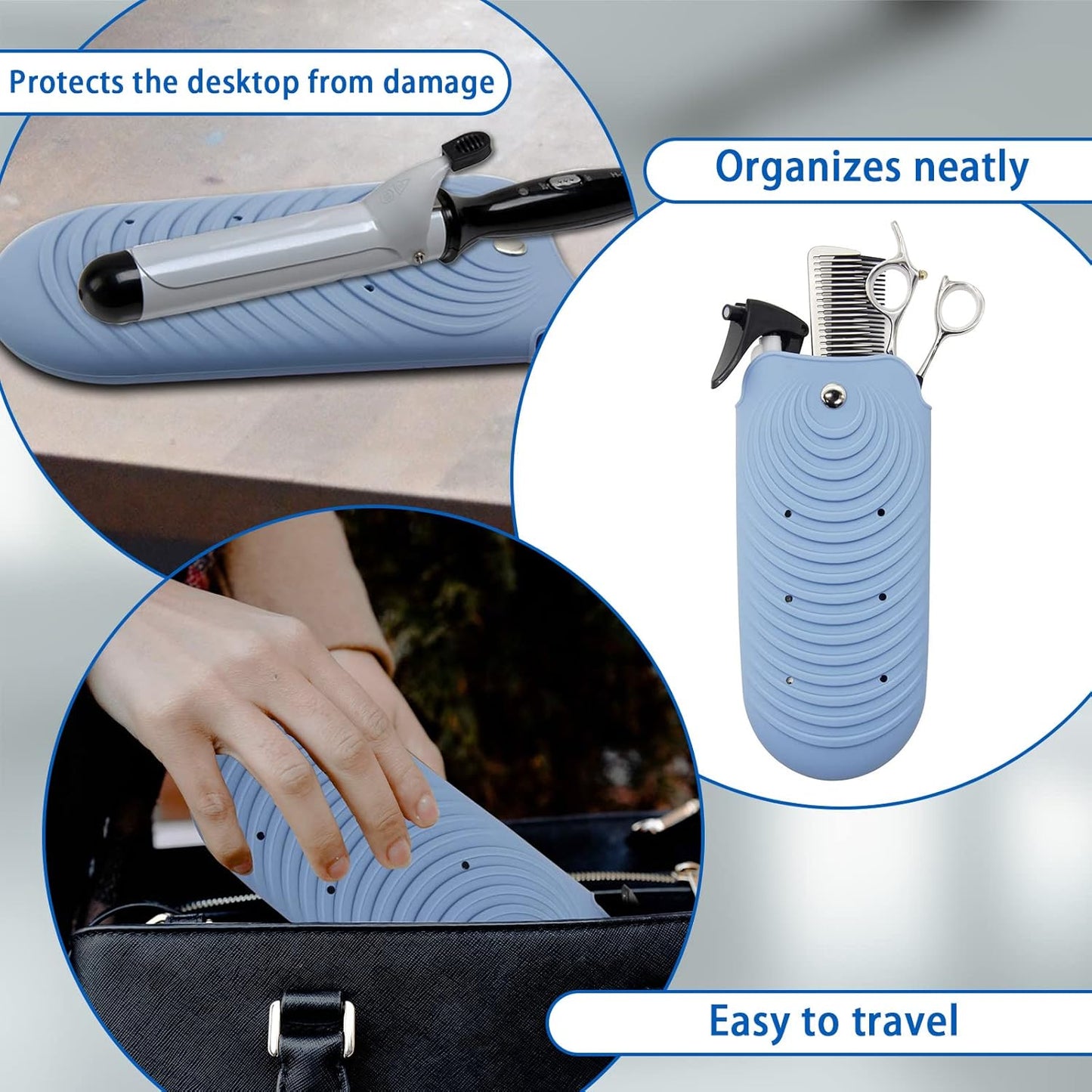 Heat Resistant Silicone Mat Pouch for Hair Styling Tools, Curling and Flat Irons Non-Slip Travel Cover, Small Portable Straightener Pad for Curler Wands Storage, Hot Waver (Blue)