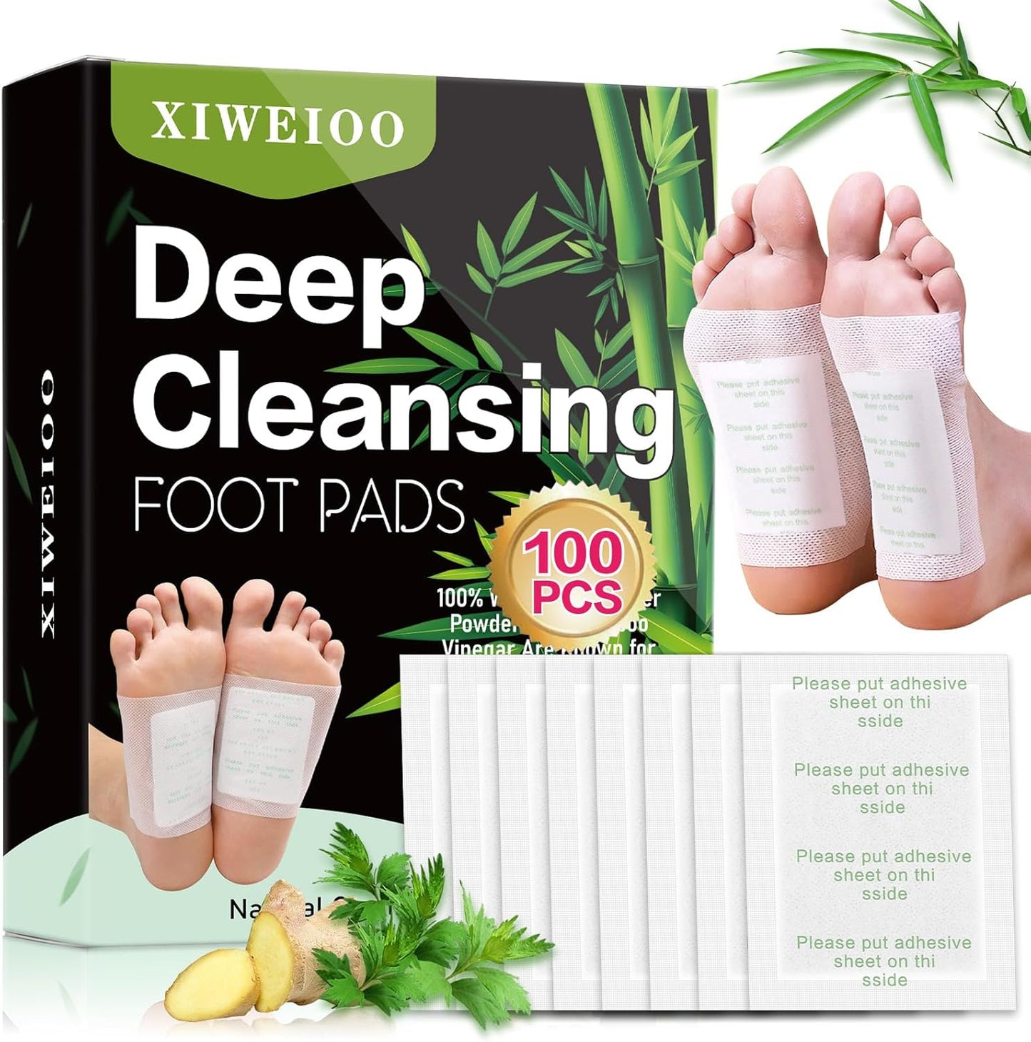 100 Pack Foot Pads, Ginger Oil Bamboo Charcoal, Foot Care Patch Message Deep Cleansing for Stress Relief, Better Rest, Feet Health Patches, Relaxing Muscles