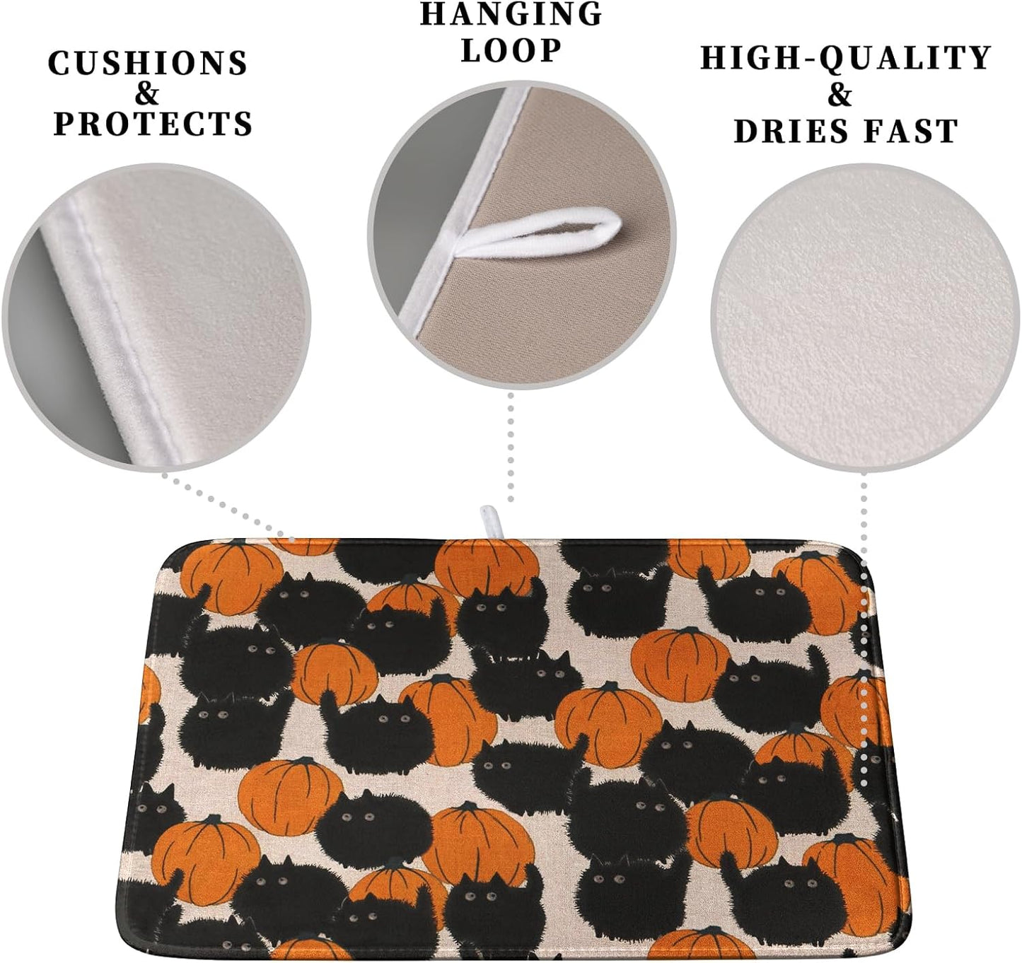 Happy Halloween Dish Drying Mat for Kitchen Counter 16x18 Inch Cute Pumpkin Black Cat Trick or Treat Drying Mats Large Microfiber Absorbent Dish Rack Pad for Coffee Bar Sinks Home Accessories