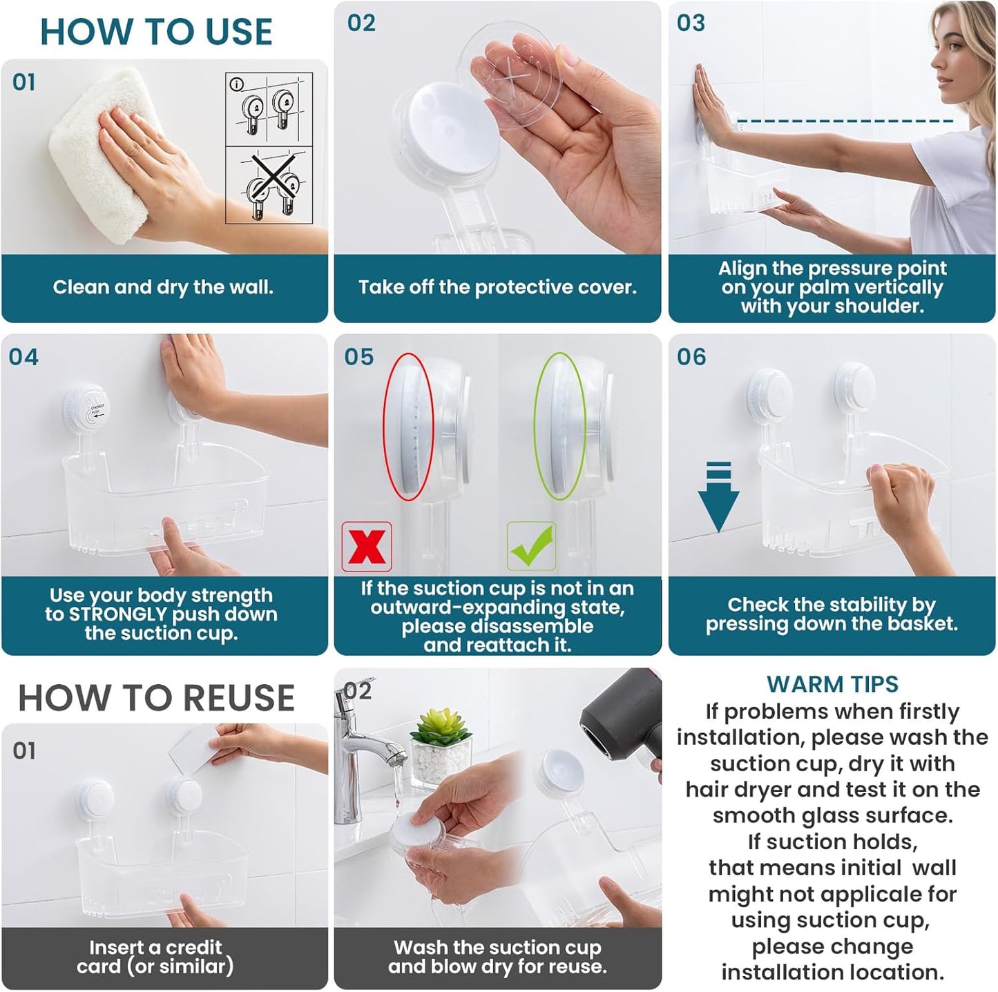 TAILI Shower Caddy Suction Cup 2 Pack, Heavy Duty Bathroom Organizer, Removable Shelves for Inside Shower, Shampoo, Waterproof Suction Plastic Storage for Bathroom Accessories Holder, Frosted Clear