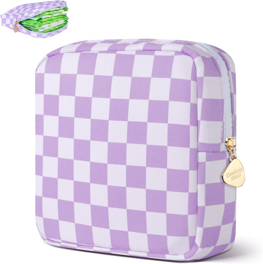Desing Wish Period Bag Pouch Soft Cloth Sanitary Napkin Storage Bag Portable Menstrual Pad Pouches Tampon Holder for Purse First Period Kit for Girls 9-12 (Purple-White Check)