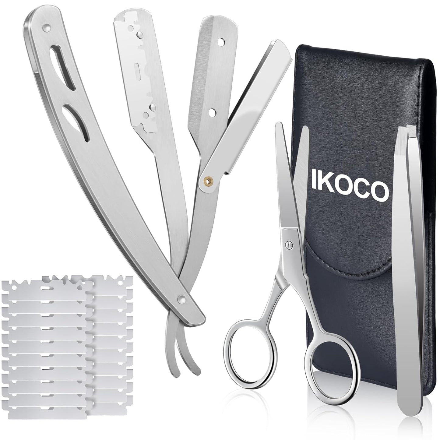 Straight Razor for Men, IKOCO Black Straight Edge Razor Kit with 20PCS Barber Shaving Blades, Leather Case, Scissor, Tweezer, Silver