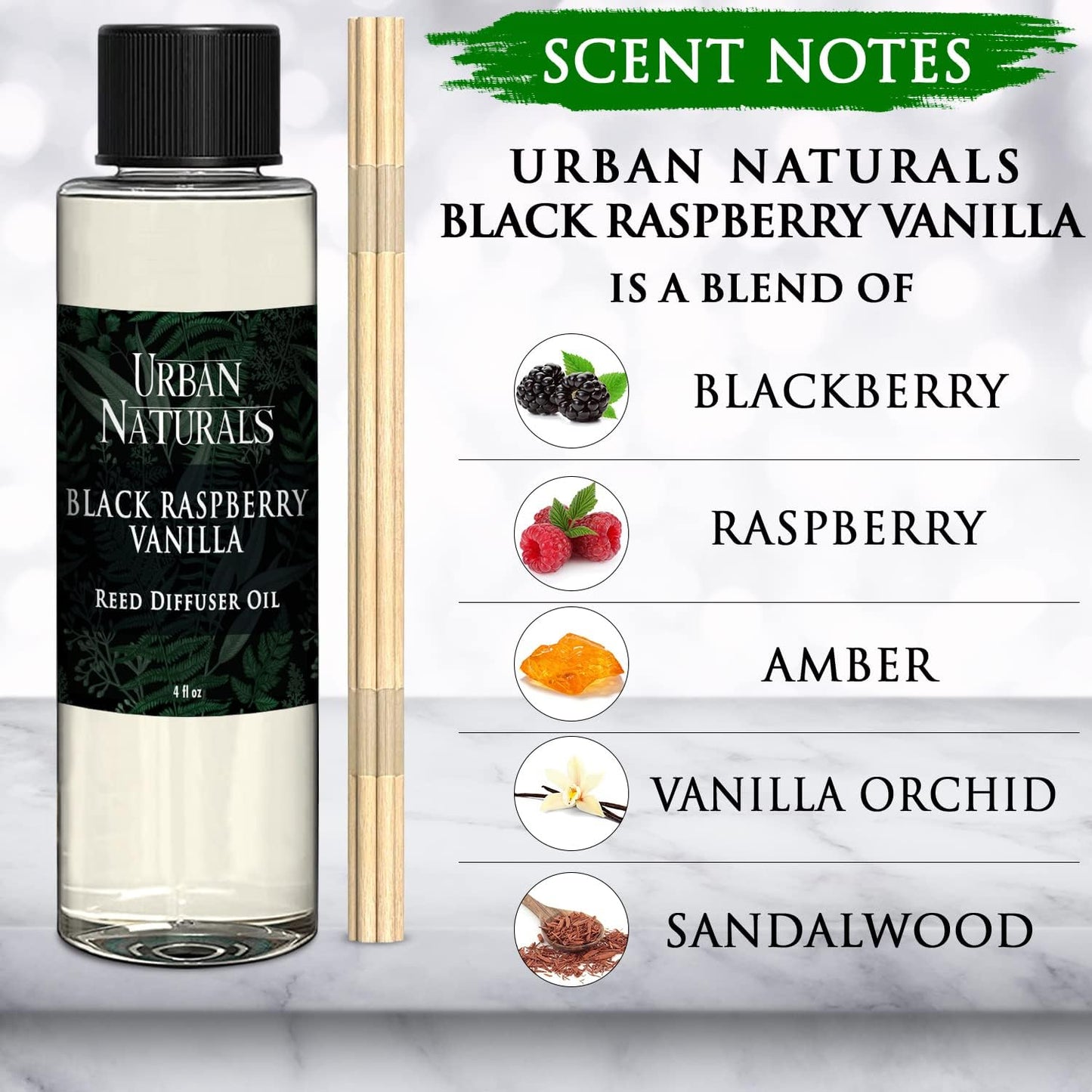 Urban Naturals Reed Diffuser Oil Refill, Black Raspberry Vanilla Oil for Diffuser with Orchid, Amber, Sandalwood, 4 oz + Free Reed Sticks, Made in The USA