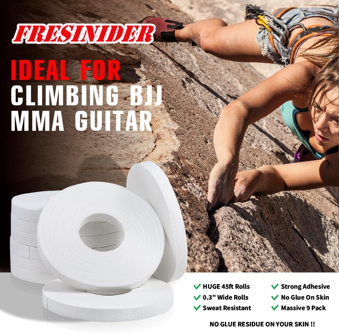 FRESINIDER Finger Tape - Strong Athletic Tape | 0.3” x 45 Feet (9 Pack) Tin Set | No Sticky Residue | for Rock Climbing, BJJ Jiu Jitsu, Grappling, Judo, MMA, Rock Climbing and Martial Arts (White)