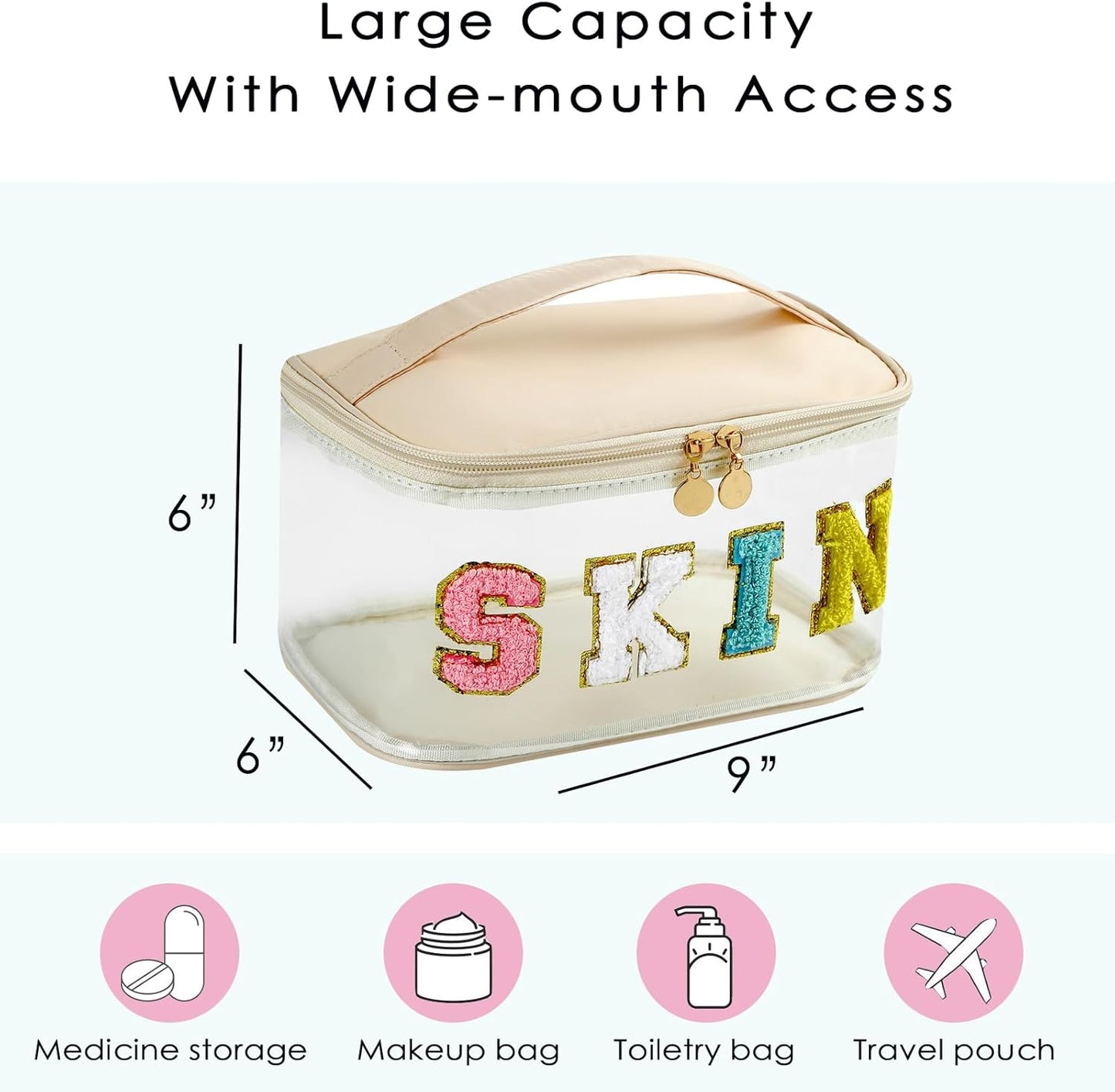Personalized Chenille Letter Clear Skin Makeup Bag, Large Size Waterproof Nylon Cosmetic Toiletry Storage bag with Top Handle, Transparent Meds Skin Travel Organizer Cosmetic Bag(11Skin-Beige)