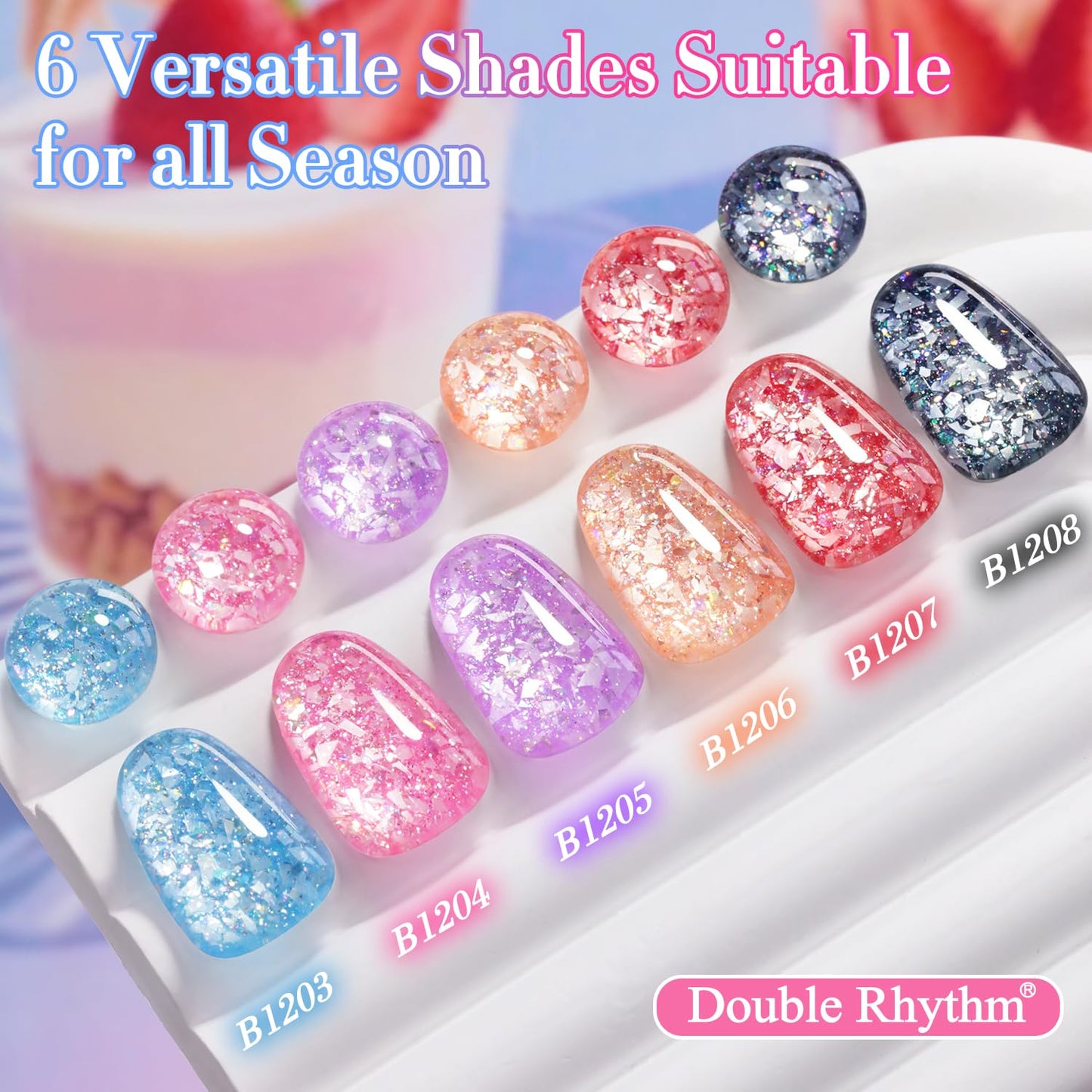 Double Rhythm 0.5 Oz Glitter Gel Polish Set of 6 Color with Display Borad 15 ml Full Size Kit Shimmer Reflective Sparkle Soak Off Manicure Salon DIY at Home (Black Red Pink Blue Orange Purple-T6-55)