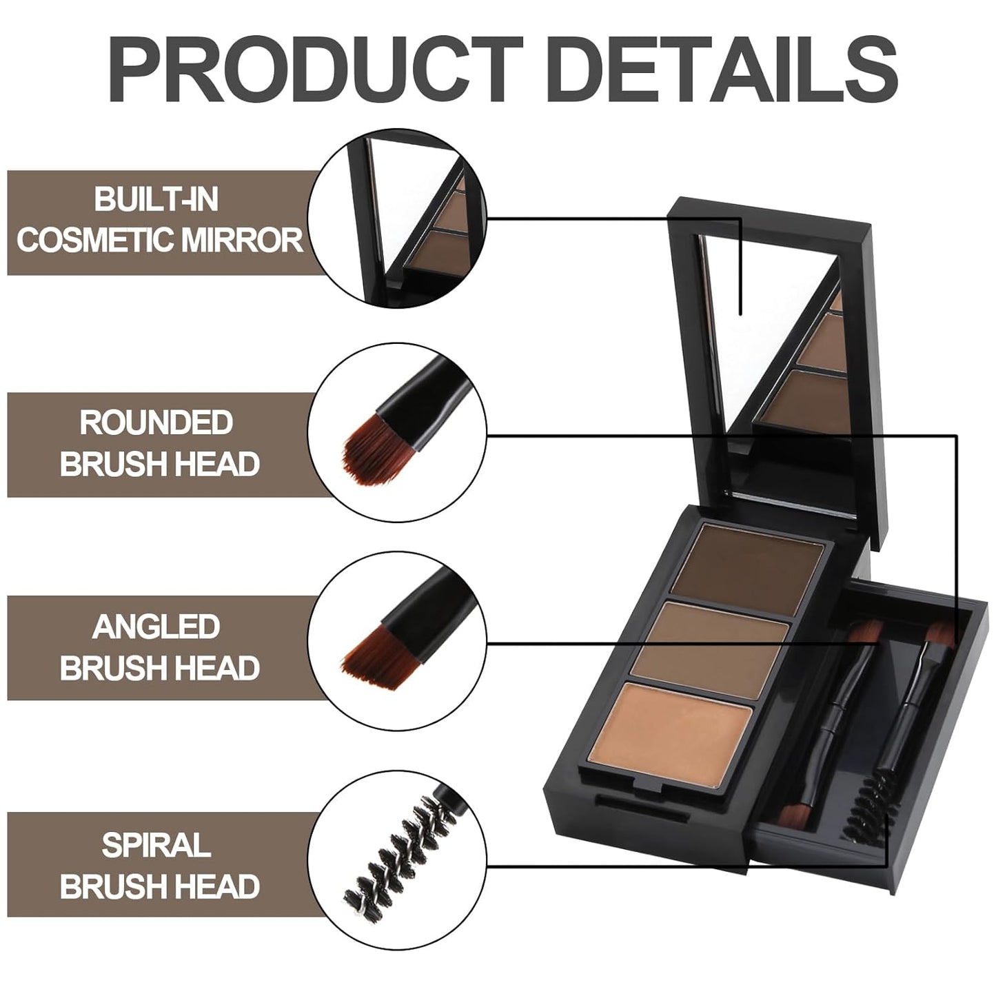 3 Colors Eyebrow Makeup Kit, Professional Brow Contour Palette, Waterproof Long-lasting Eyebrow Filler Powder with Mirror & Brow Brush