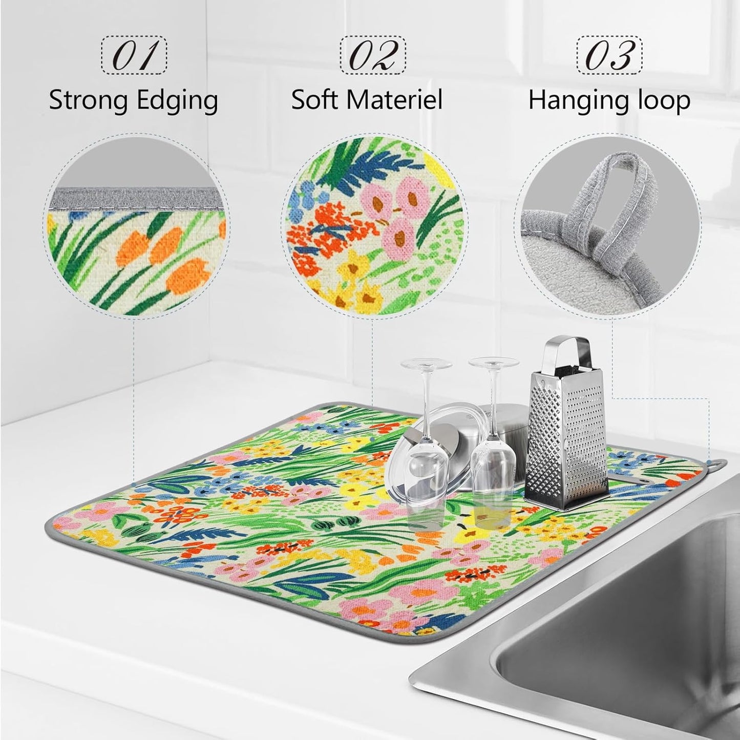 SHIYUE Dish Drying Mat for Kitchen Counter Super Absorbent Spring Kitchen Decor Microfiber Drying Matainers Rack Fast Pad Dish Drainer Mats(Cute Colorful Flowers,18''x24'')