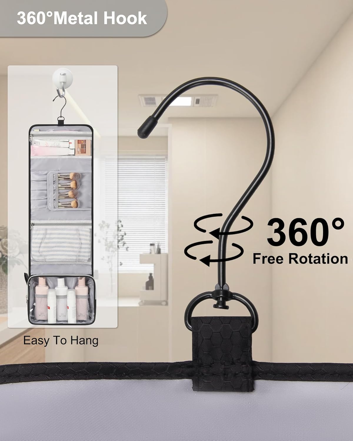 Travel Hanging Toiletry Bag with Makeup Brush Board, Portable Toiletries Bag with Hanging Hook, Water Resistant Wash Bag, Makeup Organizer with Cosmetics for Full Sized Travel Essentials - Black