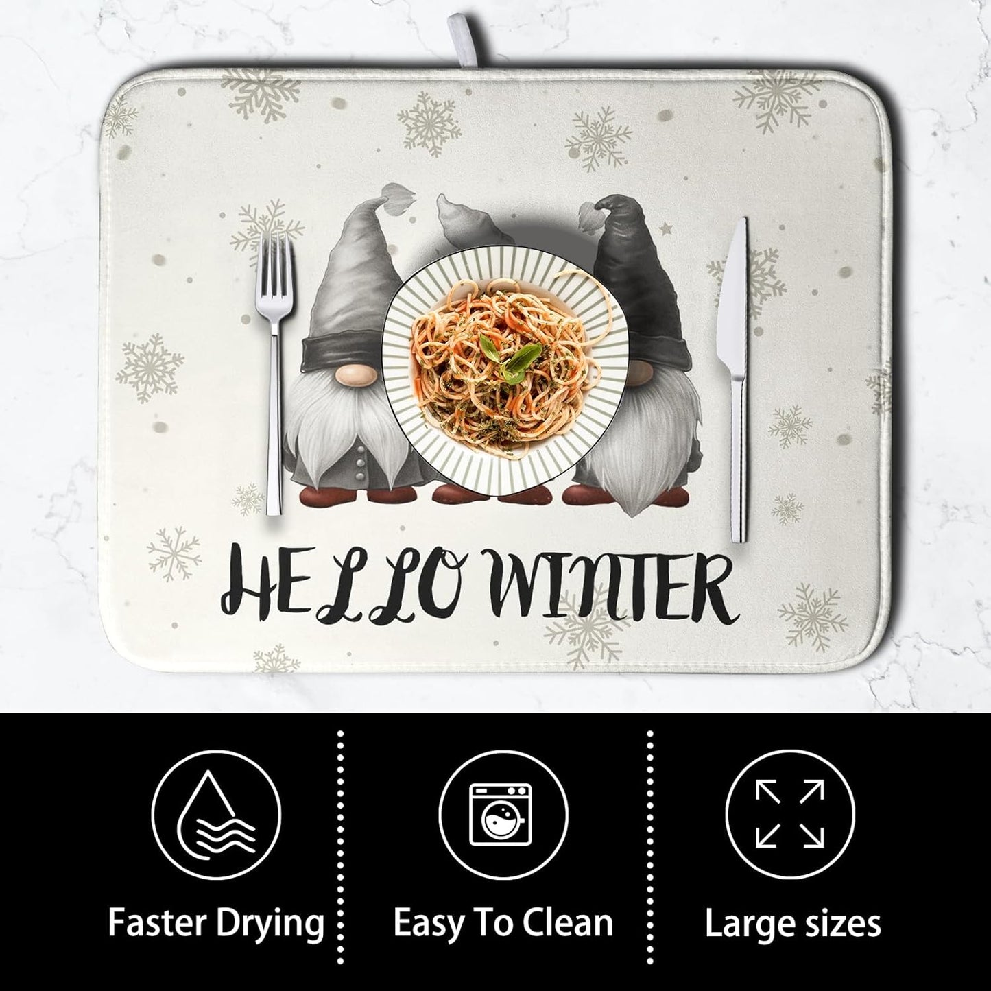 Winter Gnome Dish Drying Mat for Kitchen Counter 16x18 Christmas Snowflakes Santa Kitchen Drying Mat Hello Winter Dish Drainer Mat Super Absorbent Dish Rack Mat for Coffee Bar Countertop