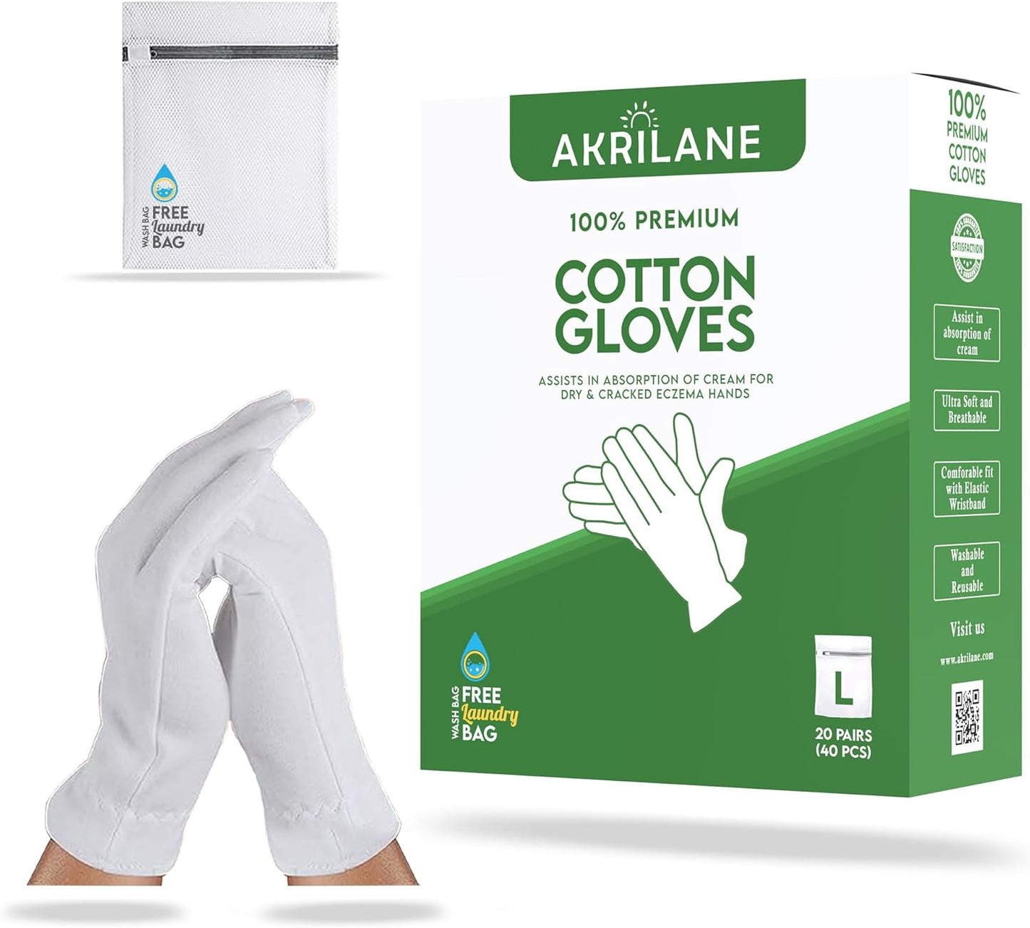 L Large 20 Pairs 100% Premium Cotton Gloves for Dry Hands | Moisturizing Overnight Gloves for Eczema, Psoriasis & Skin Spa Treatment for Women & Men | Washable & Reusable with Free Laundry Bag
