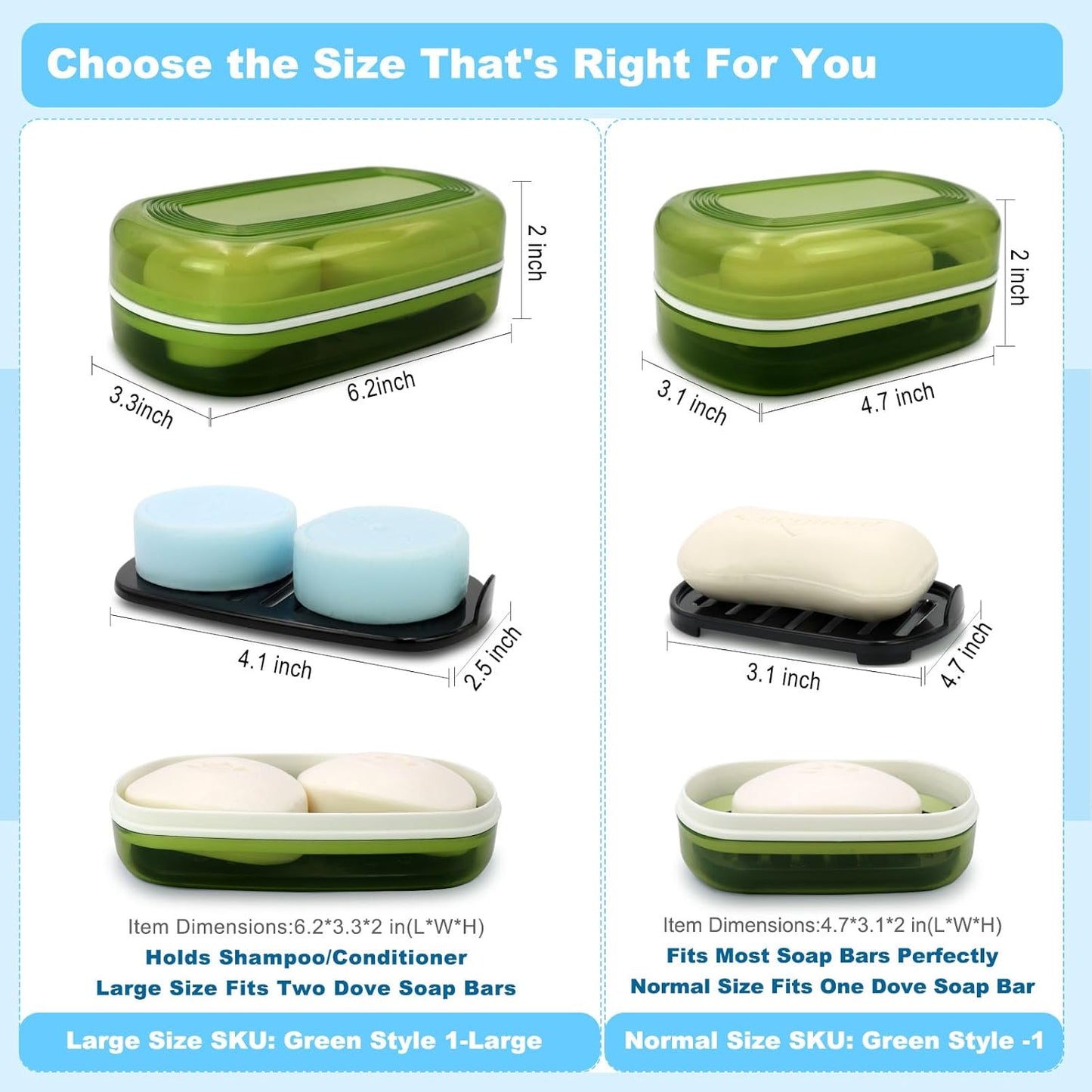 Solid Shampoo Bar Holder, Large Bar Soap Holder, Travel Soap Container, Soap Box with Draining Layer, Soap Case for Bathroom, Traveling, Gym, Camping (Green Style-1-Large)