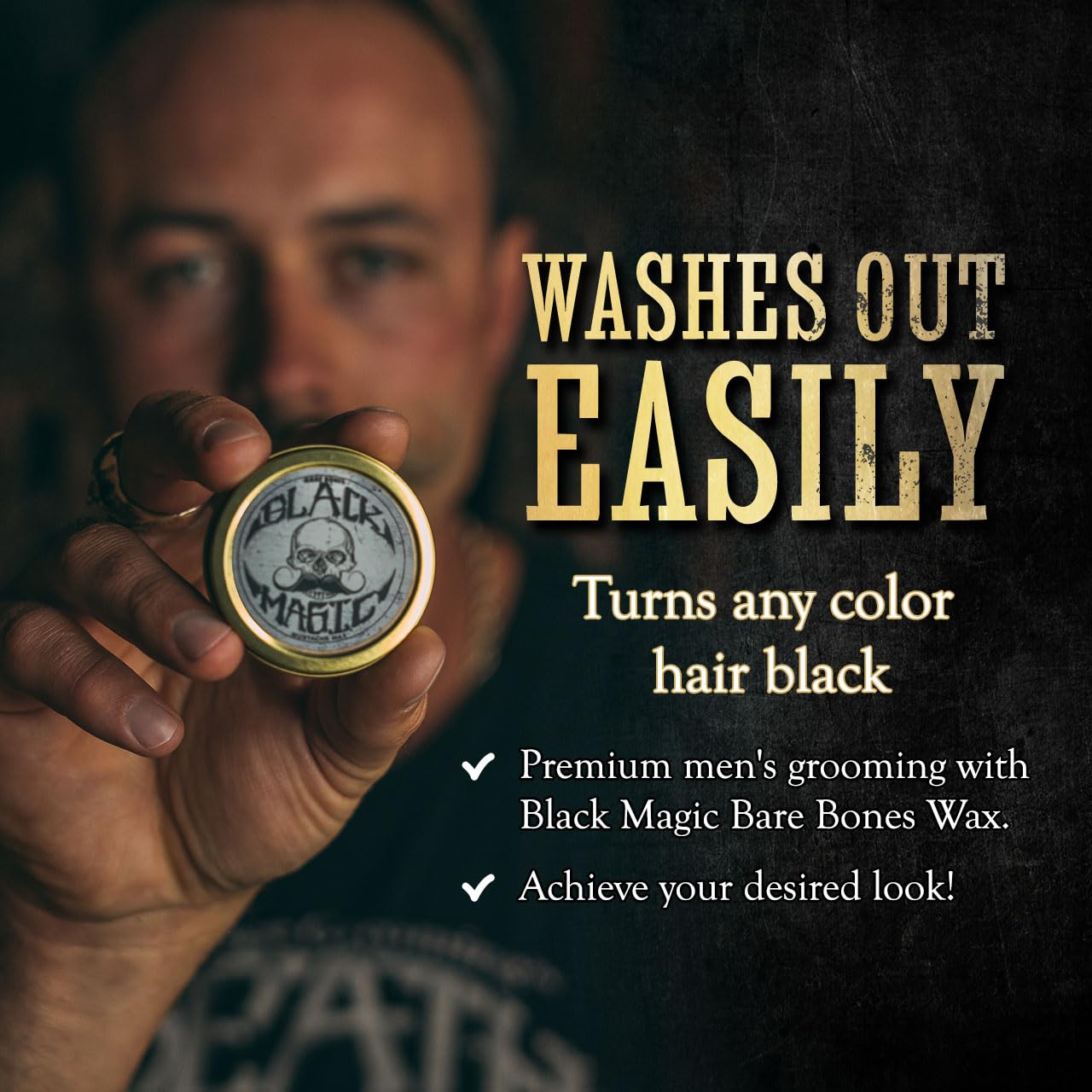 Black Mustache Wax | Black Magic Death Grip Moustache Wax | Hide Grey Hair In Beard Or Moustache | Extra Strong Hold Mustache Wax Unscented | 1 oz Tin Heat Source Required (Black Magic Bare Bones)