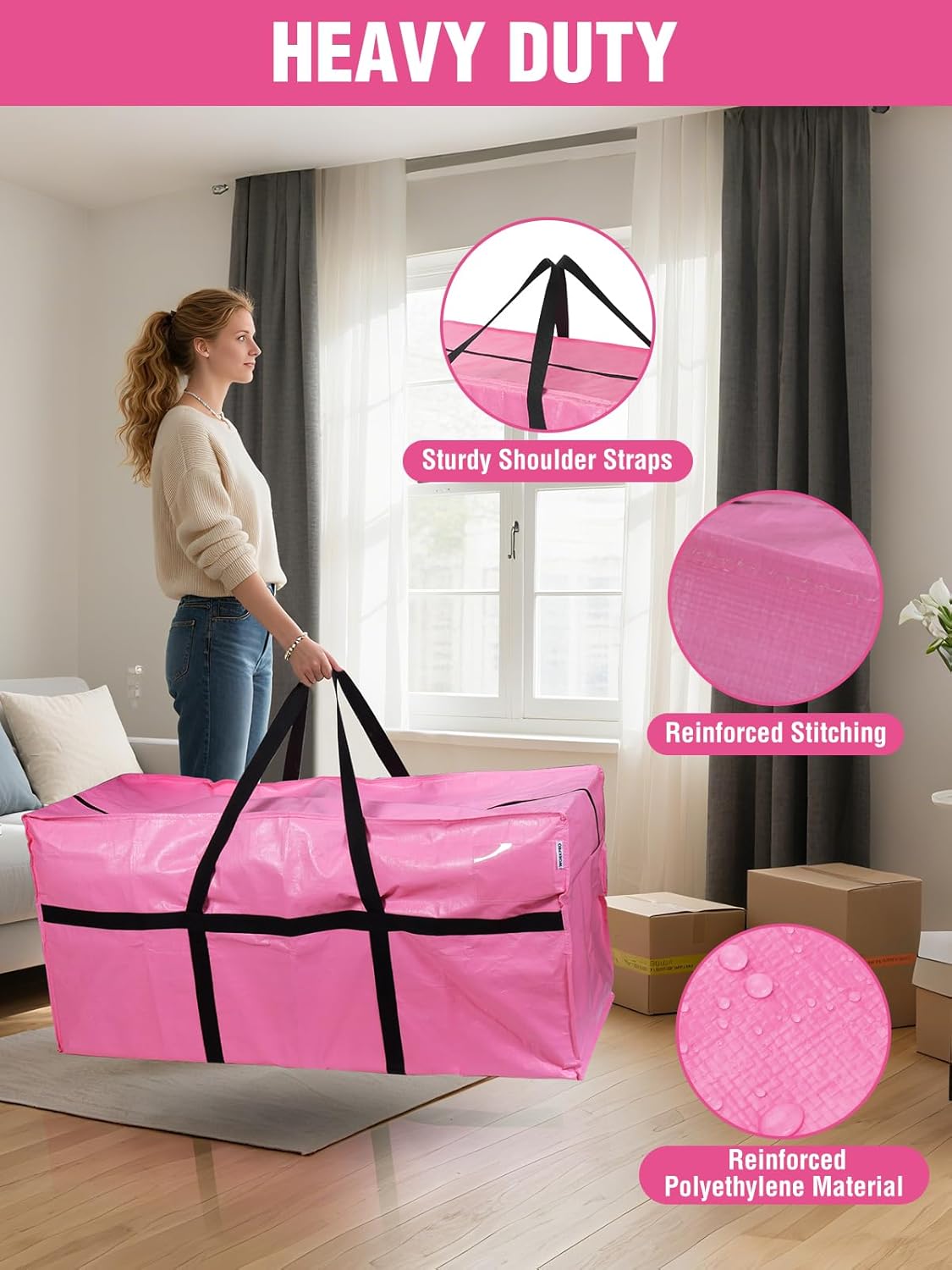 WORKPRO 66 Gallon Extra Large Moving Bags with Zippers, Carry Handles, Heavy-Duty, Water-Resistant Storage Totes for Moving & Space-Saving Organization, Pink