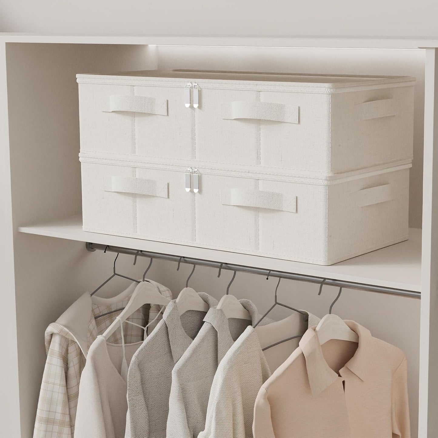 Underbed Storage Box Organizer, Foldable Under Bed Clothes Bags Container, Flat Bins with Lid for Organizing Clothes, Sheets, Blankets, Comforter, 23.6x11.8x5.9in, Beige, 3 Pack