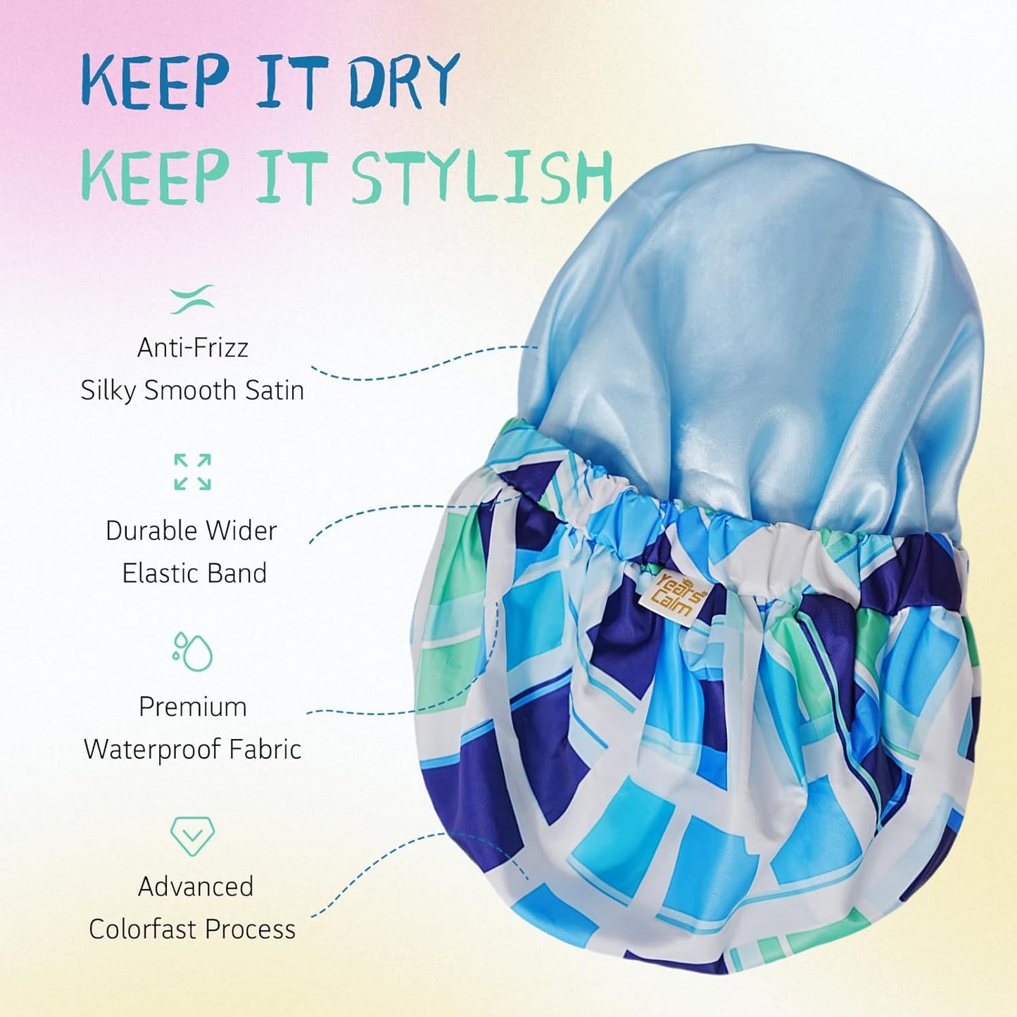 Years Calm Shower Caps for Women Reusable Waterproof, Double-Layer Extra Large Elastic Hair Cap for Shower for Long Hair & Braids, Travel & Home (Colorful)