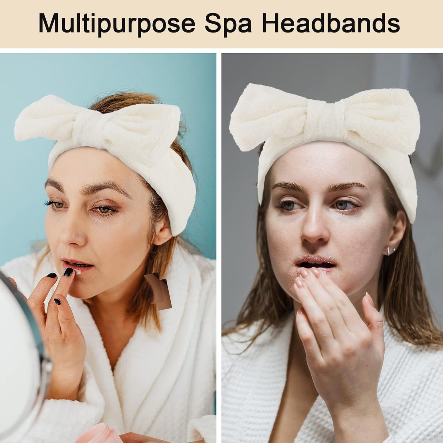 Ondder Spa Headband for Washing Face 8 Pack Beige Skincare Headbands for Women Girls Terry Cloth Cute Bow Head Bands