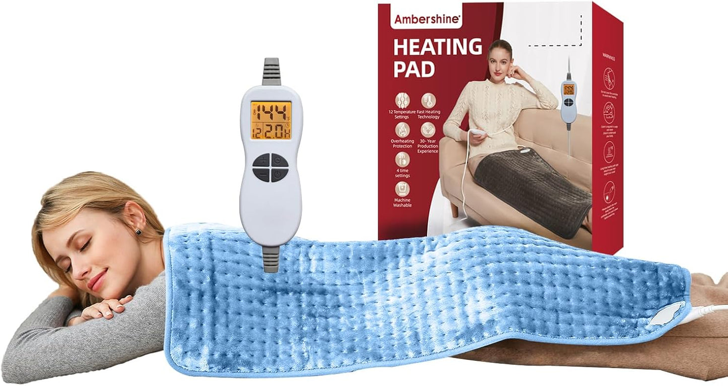 Ambershine 17''x33'' XXXL King Size Heating Pad with 12 Temperature Settings & 4 Auto-Off Countdown Timers, Pain Relief for Back/Neck/Shoulders/Abdomen/Legs, Christmas Gifts for mom dad (Light Blue)