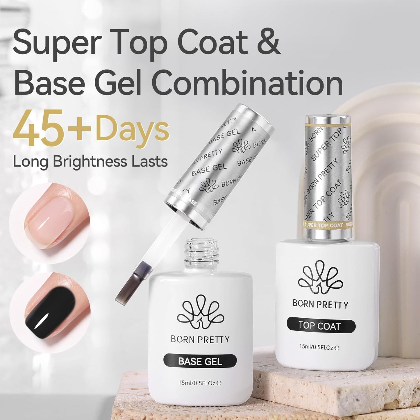 Born Pretty Gel Top Coat,15ml Gloss Base and Top Coat Set, No Wipe Super Top Gel Not Chip or Peel and Long Lasting Base Gel Top Gel for Nail Art