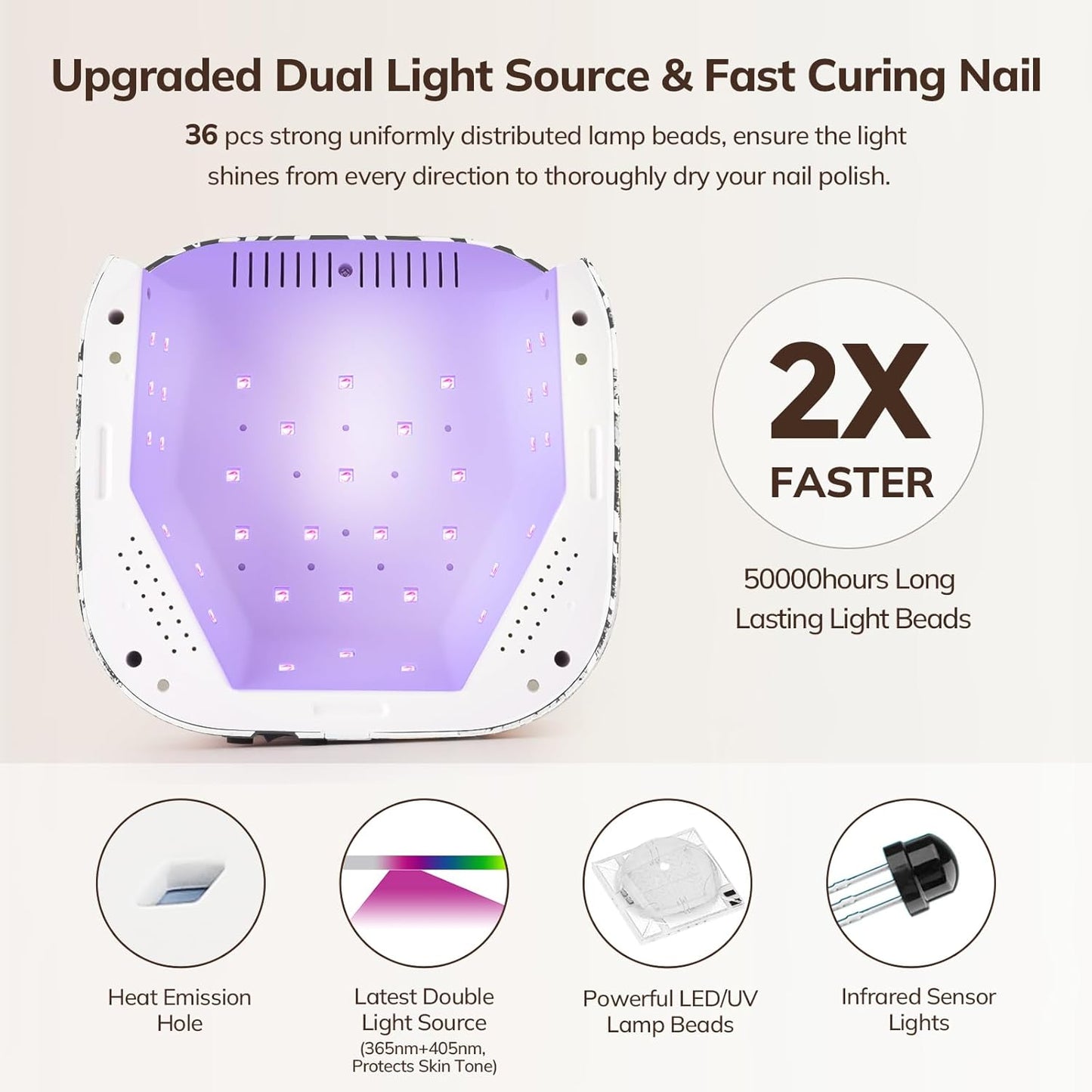 Lavinda UV Light for Gel Nails 54W UV Nail Lamp Cordless Rechargeable Nail Light with 4 Timer, 2X Faster Nail Polish Curing Lamp Nail Dryer for Salon Use-Zebra Pattern