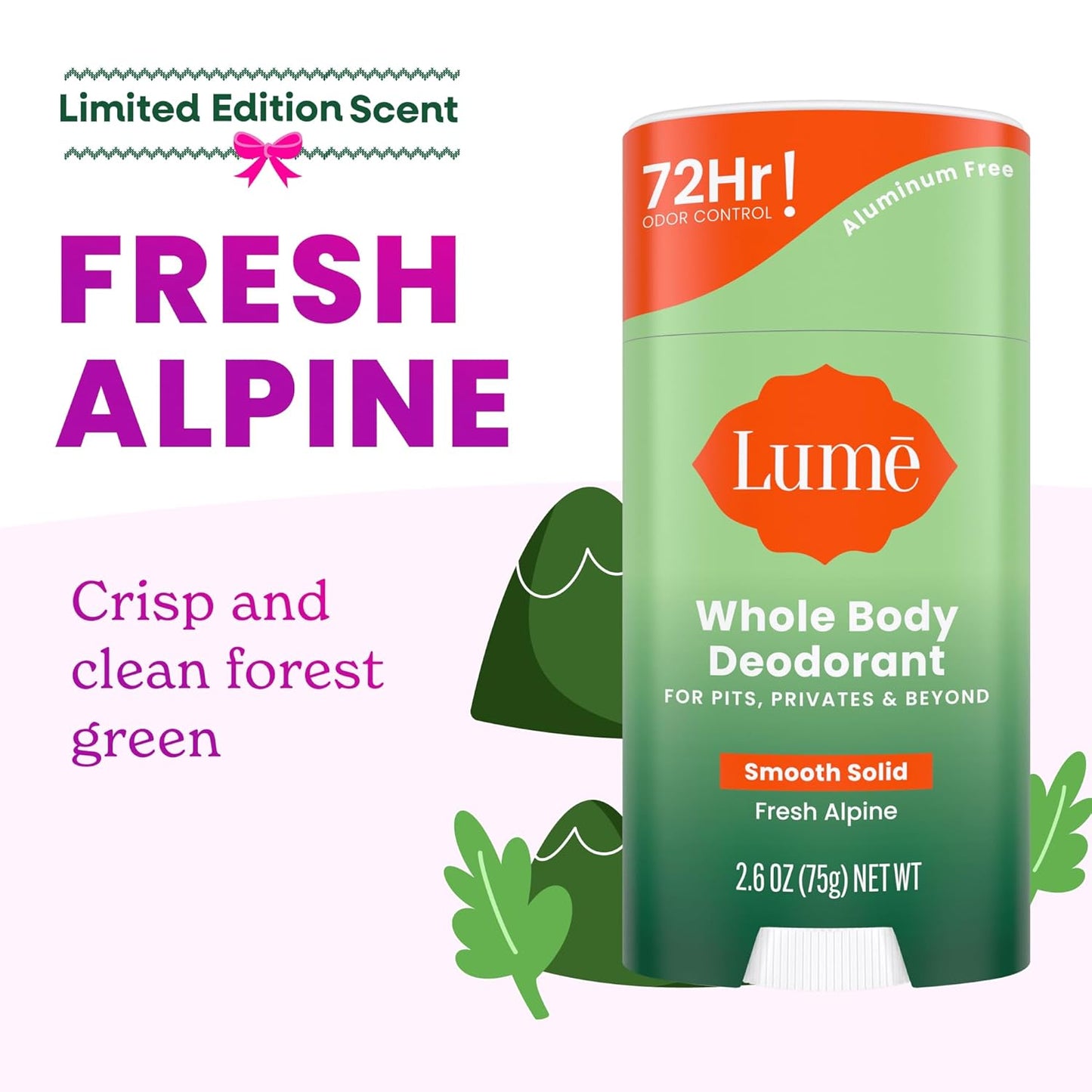 Lume Whole Body Deodorant - Smooth Solid Stick - 72 Hour Odor Control - Aluminum Free, Baking Soda Free and Skin Loving - 2.6 Ounce (Pack of 3) (Fresh Alpine)