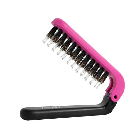 Uffy MiniPop Travel Hair Brush – Mini Folding Boar Bristles for Women, Men & Kids | Kid-Friendly Compact Comb for Wet & Dry Hair, Curly or Straight | Pocket-Size Detangler - Hot Pink on Black
