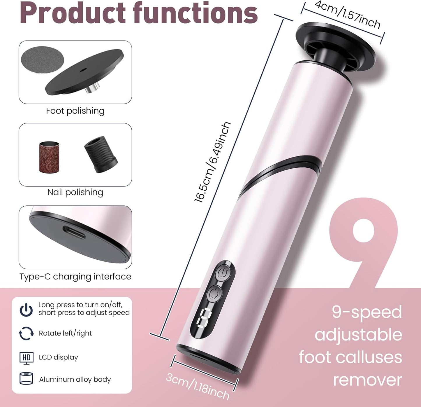 Electric Foot Callus Remover,2 in1 Rechargeable Callus Remover for Feet,9-Speed Cordless Electric Foot File Nail Grinder,Foot Scrubber Pedicure Tools for Dead Skin Dry Cracked Feet(Pink Fold)